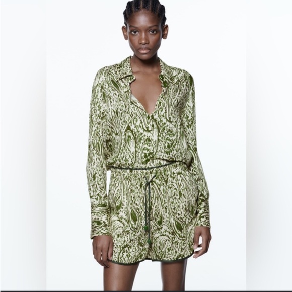 ZARA PRINTED SATIN EFFECT FULL Set  Ecru / Green - Picture 2 of 9